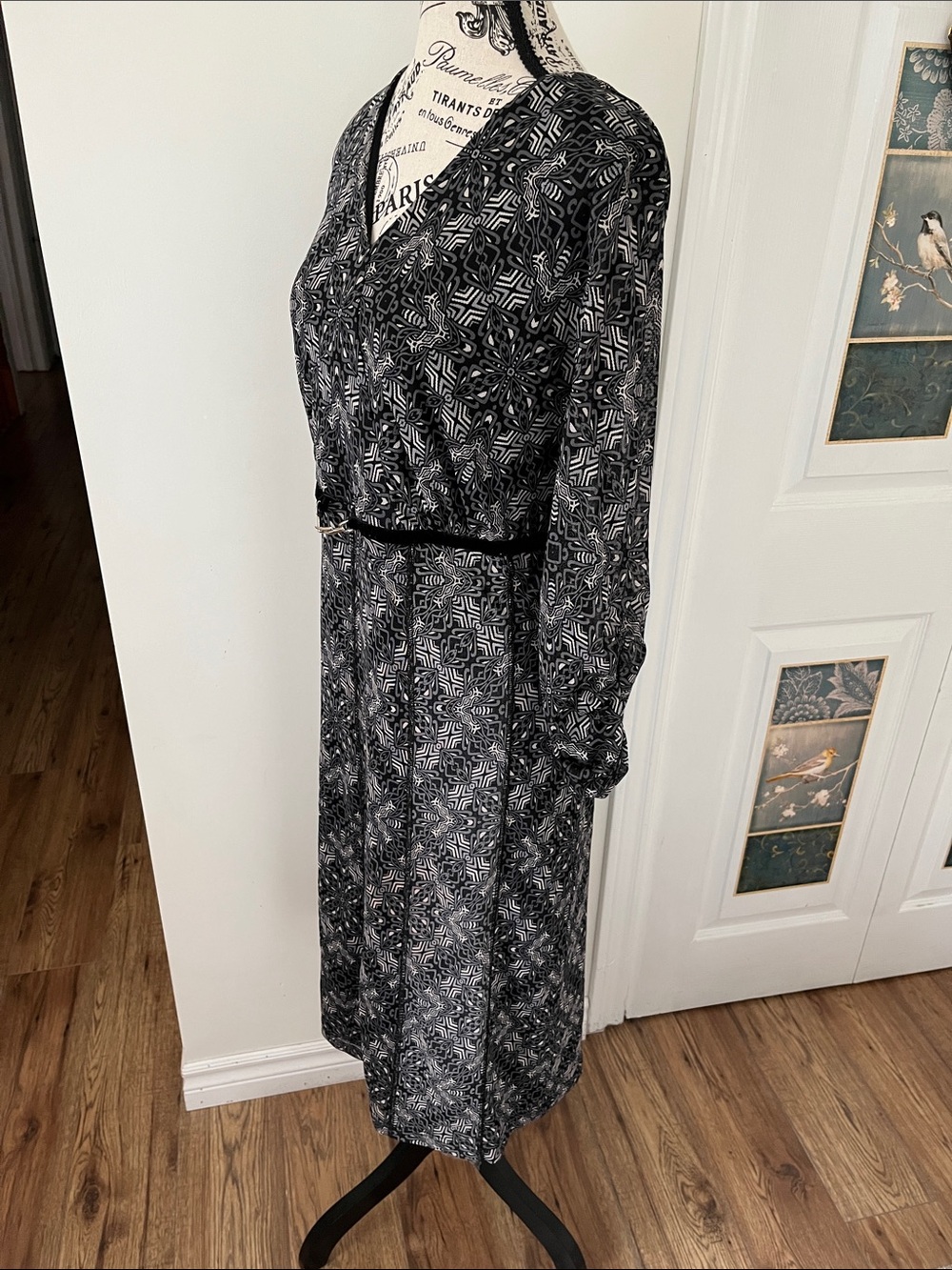 🍎Women's Black Printed V-Neck Long Sleeve Dress with Belt - Picture 8 of 8
